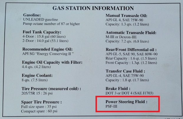 psf-3 power steering fluid required in car owner manual